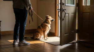 Stop dog from running out door with calm leash training