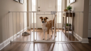 Stop dog from running out door using an indoor safety gate