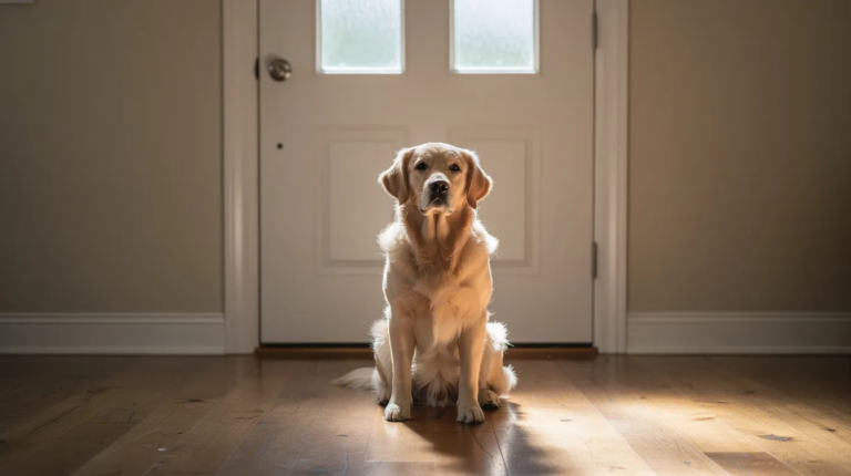 Stop dog from running out door with a calm doorway sit