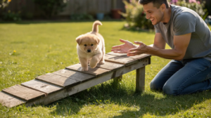 Puppy socialization on backyard ramp with trainer
