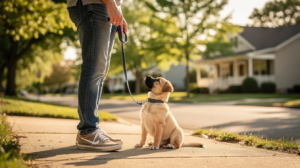 Puppy socialization during sidewalk leash training