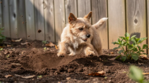 Small dog digging dirt, why do dogs dig holes