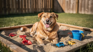 Dog in sandbox showing why do dogs dig holes in yards