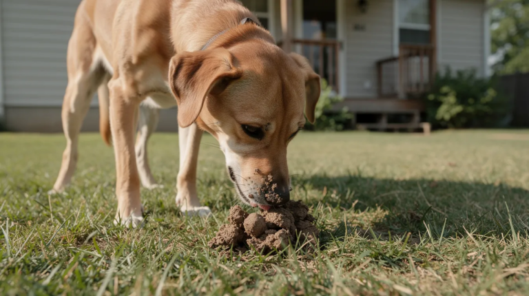 Dog sniffing poop in grass, why do dogs eat poop