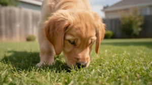 Puppy sniffing grass for why do dogs eat poop guide