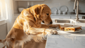 Dog counter surfing to reach food on the counter