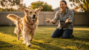 How to train a dog to come when called, dog runs by an owner