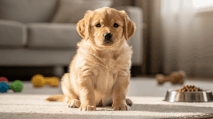 New puppy first week, golden retriever sits beside food bowl