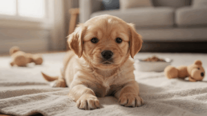 New puppy first week, golden retriever lying near plush toys