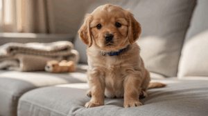 New puppy first week, golden retriever sits on a gray couch