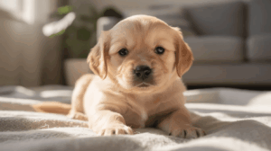 New puppy first week, golden retriever resting on a blanket.