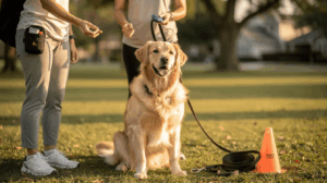 Types of dog training methods, dog sits near treat and leash