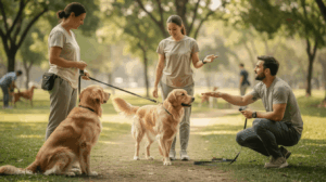 Types of dog training methods, two dogs and handlers in park