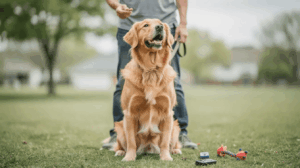 Types of dog training methods, dog sits by handler with food