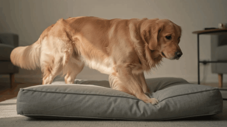 Why do dogs hump, golden retriever standing on gray cushion.