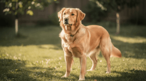 Why do dogs hump, golden retriever stands on grass outdoors.