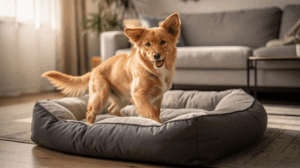 Why do dogs hump, golden dog standing on a gray bed indoors.